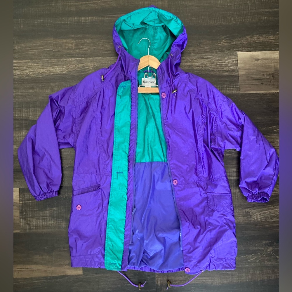 Vintage 90's Cabin Creek Rain Jacket Coat Size L 12 / 14 Purple & Green Zip Up